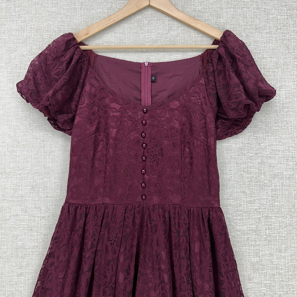 Dress Womens Medium Burgundy Lace Shoulder‎ Puff Sleeve Fit Flare Midi Formal - Picture 2 of 11